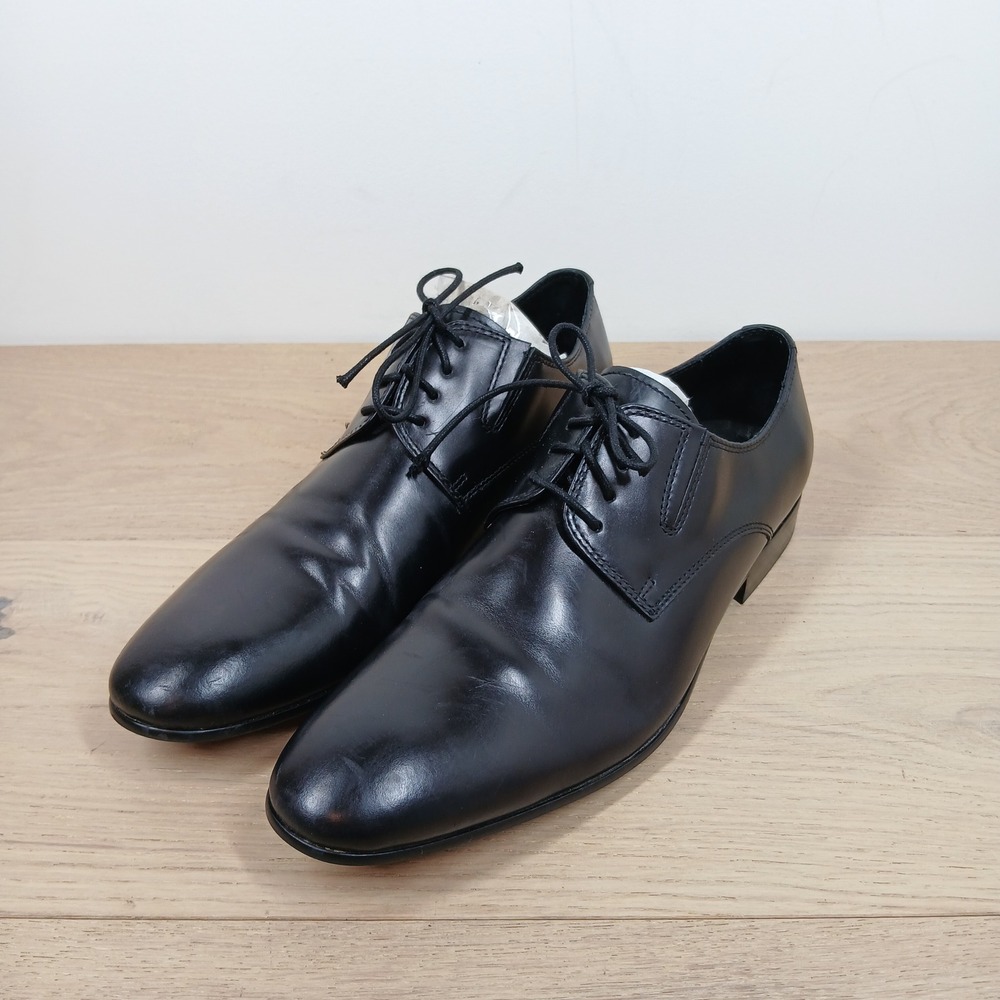 Kenneth Cole New York Mens 8 Black Leather Derby Dress Shoes Almond Toe Lace Up